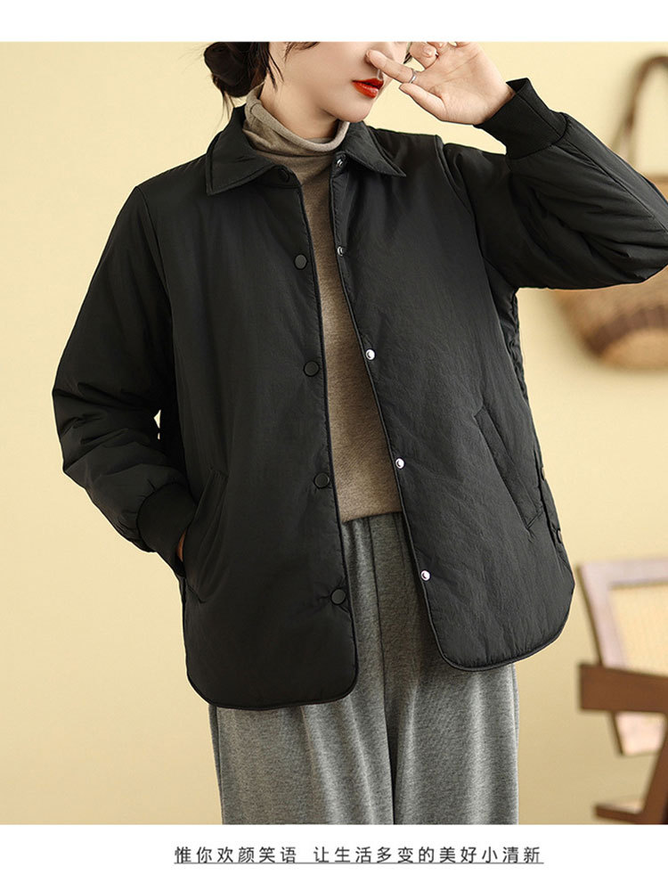 时尚翻领暗扣口袋宽松显瘦保暖轻薄棉服·白色