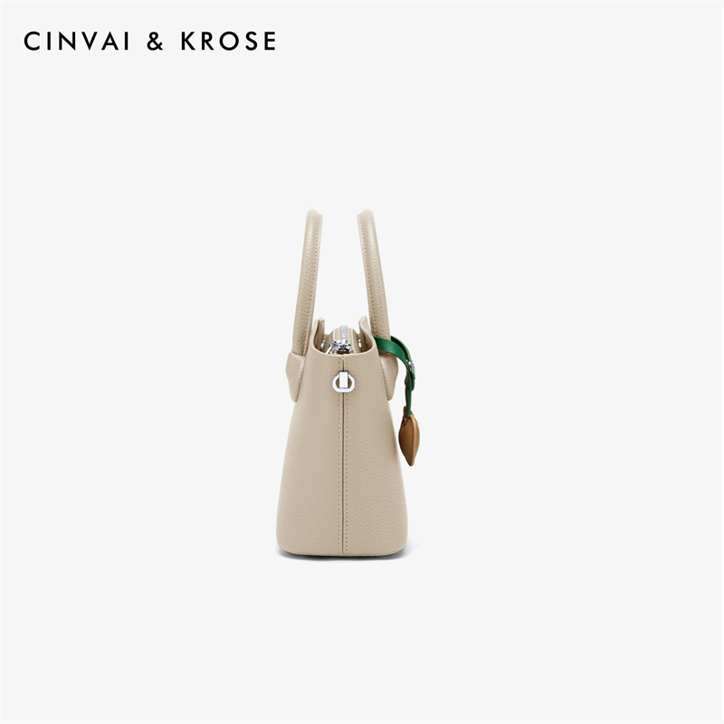 CinvaiKrose 牛皮水桶包女迷你包包斜挎包单肩手提包女包C5084·奶杏