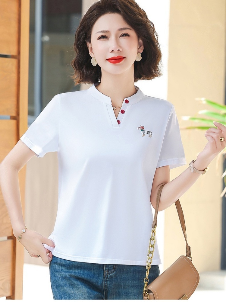 【95精梳棉】轩凌子小V领刺绣短袖T恤S92524022·白色