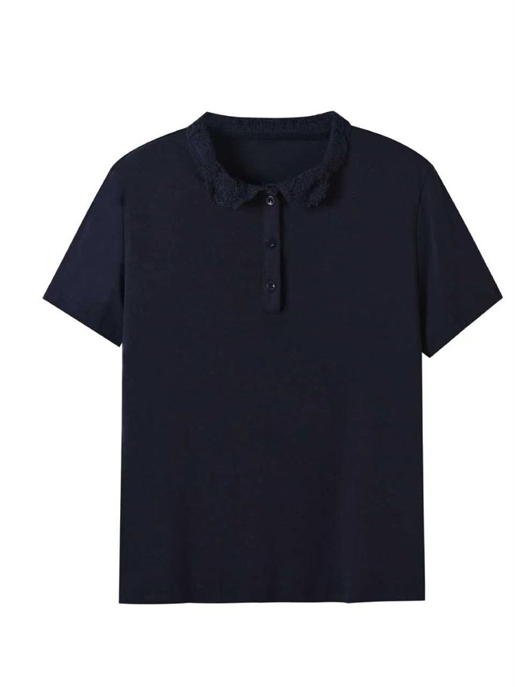 优雅蕾丝边修身POLO衫·藏青色