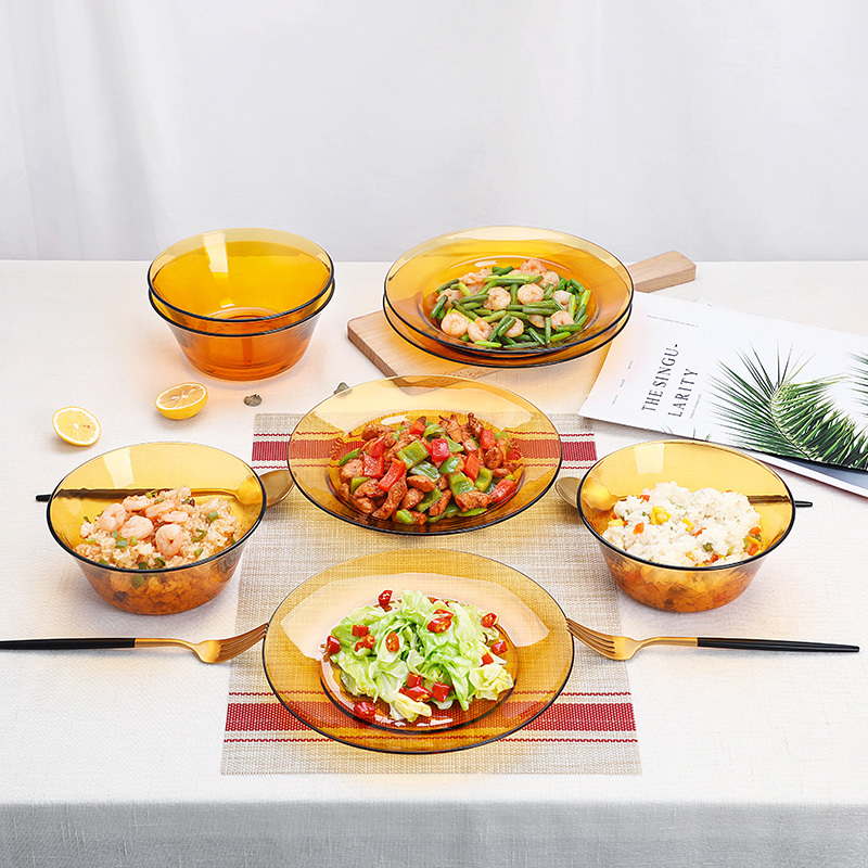 多莱斯法国进口钢化玻璃餐具套装碗碟套装微波炉可用简约家用8件套·琥珀色
