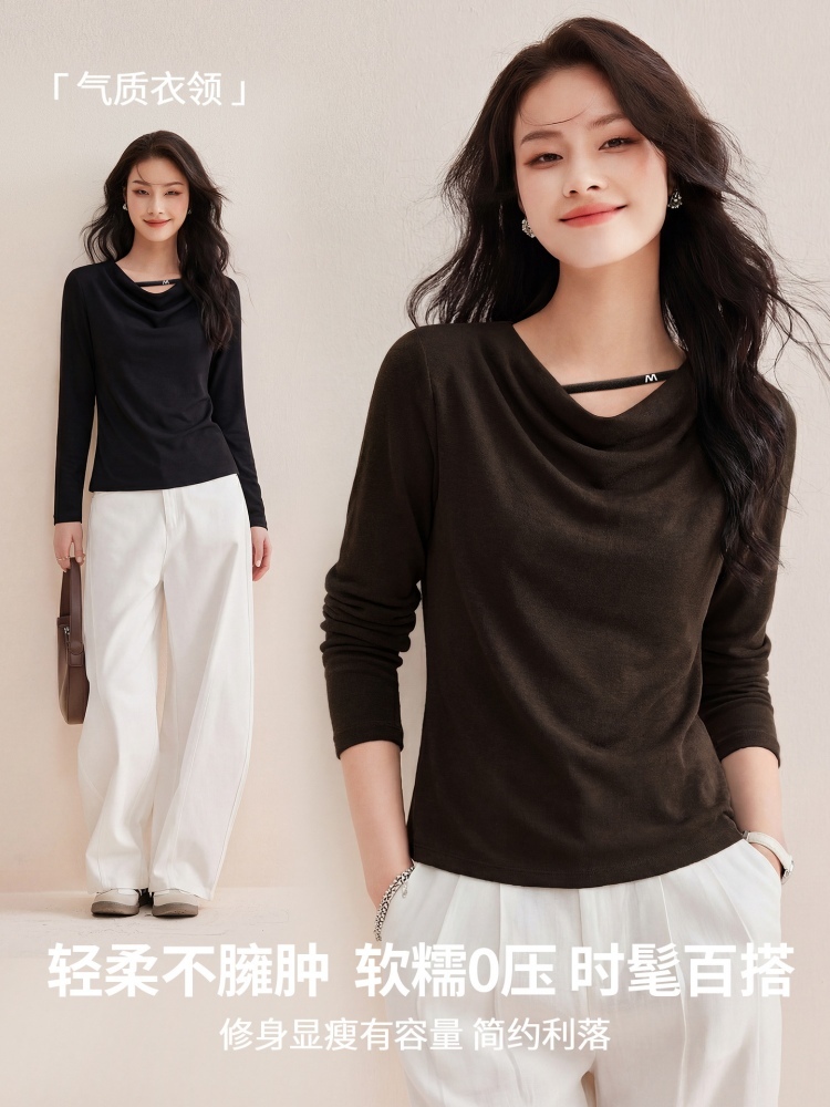 【羊绒般触感】修娴设计感荡领T恤W09·咖啡色