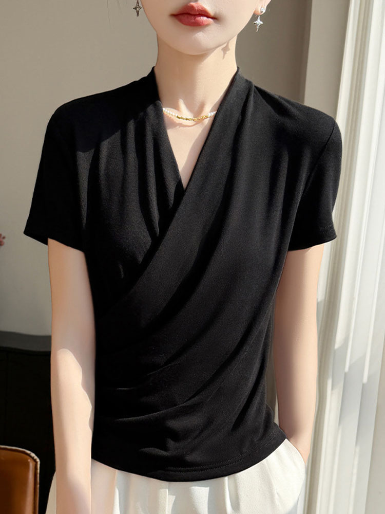 雀说 精纺莱赛尔法式V领纯色交叉气质时尚短袖T恤YT-A311·经典黑