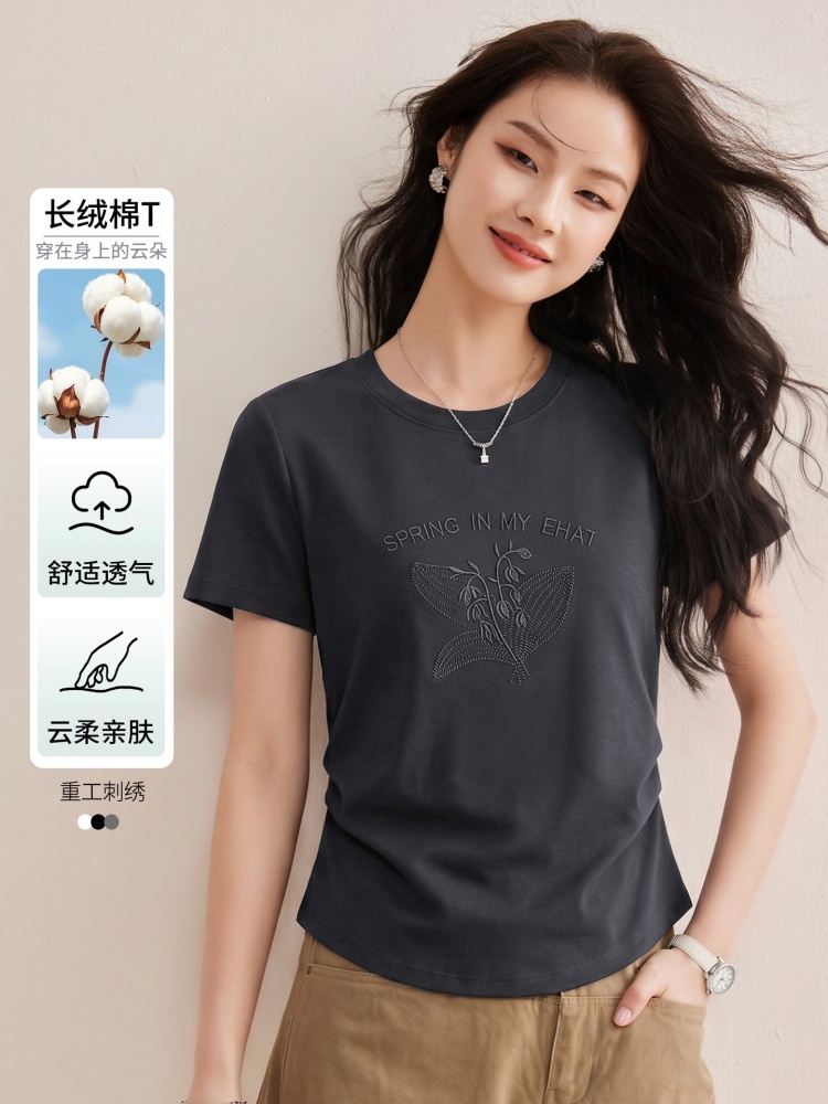 【90新疆棉】修娴重工刺绣捏褶T恤W102·白色
