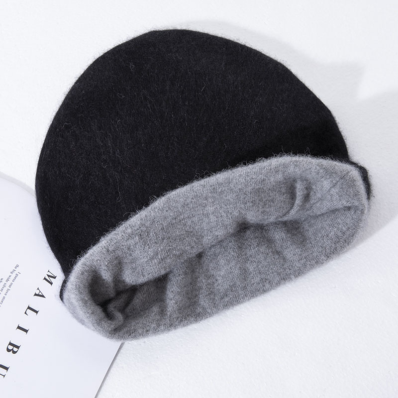 羊毛混纺双色双面帽子围脖发带多用防风堆堆帽·黑拼灰