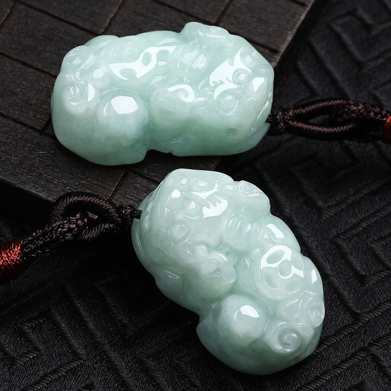 老冯记冰糯水润豆绿天然a货翡翠双貔貅吊坠玉吊坠