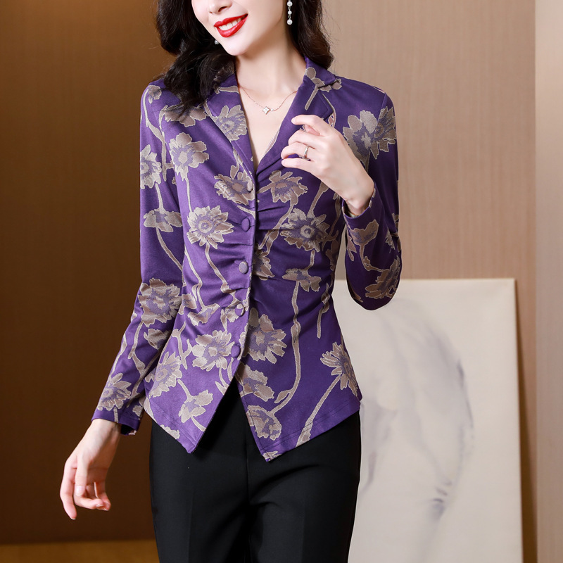 时尚设计感西装领提花开扣显瘦上衣·紫色
