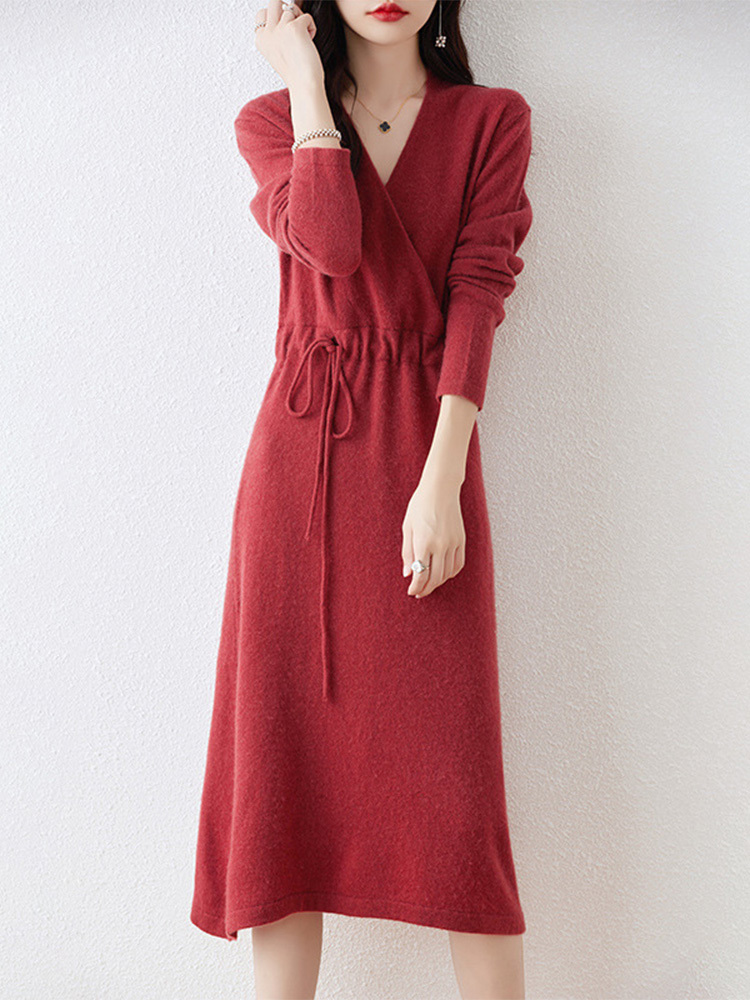 丁摩100澳洲美丽诺羊毛长裙连衣裙YYY-2377 H·砖红色