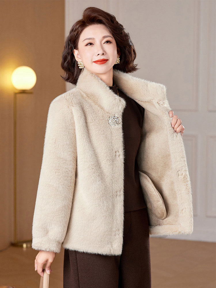 时尚皮毛一体绒气质显瘦立领保暖外套·咖色