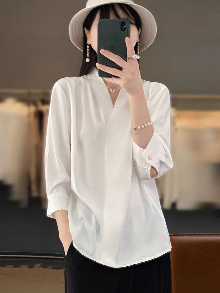 轻奢醋酸缎面V领七分袖宽松衬衫上衣02#·杏色