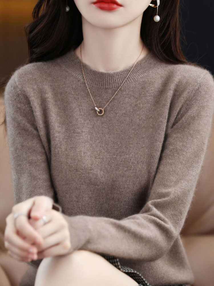 丁摩 100纯羊毛衫女低圆领宽松毛衣D004·原绒驼