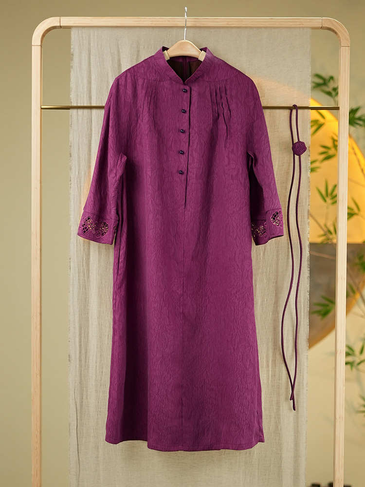 锦传统手工整染香云纱冠乐绉连衣裙8656·紫色