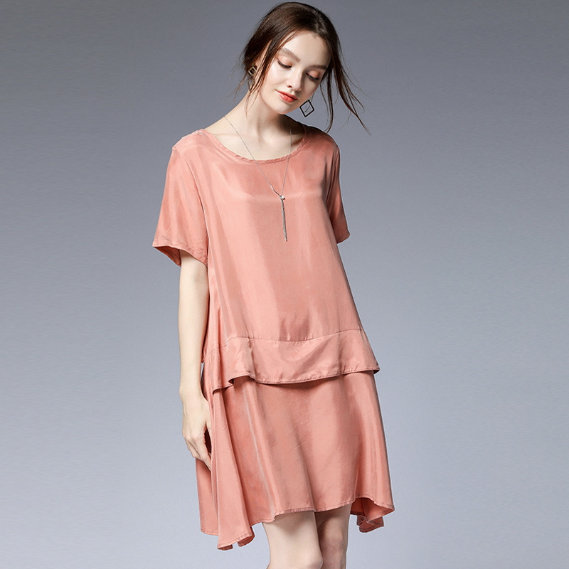 2019夏季瑅艾大码时尚宽松遮肉铜氨丝连衣裙（五色可选）·粉色