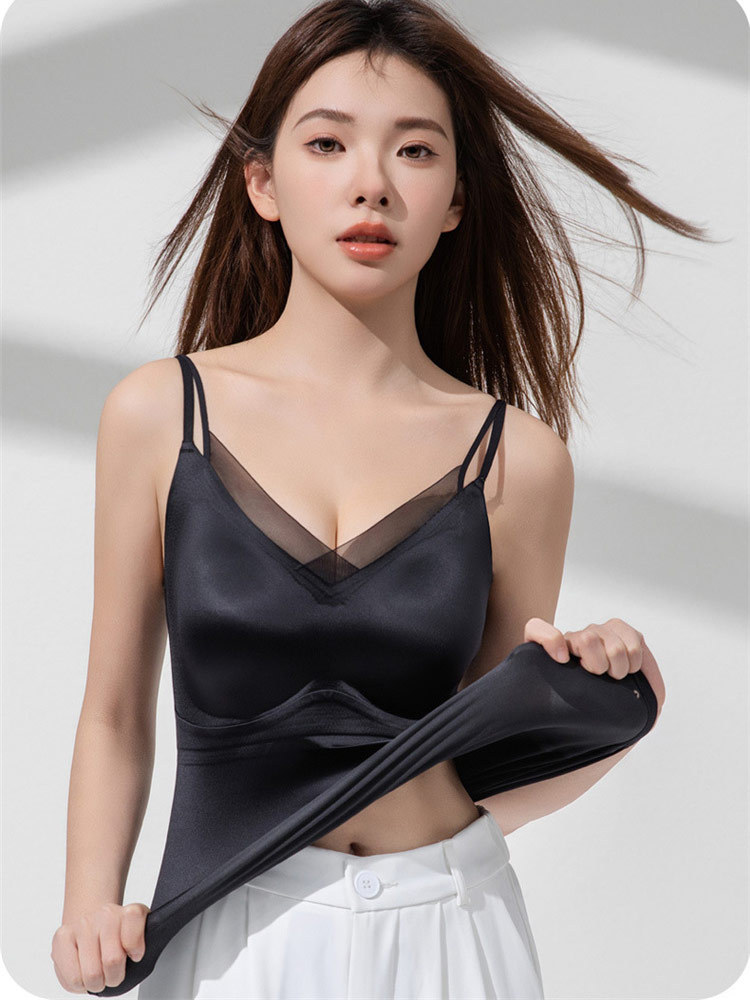 真丝缎面网纱带胸垫吊带背心2615#·黑色