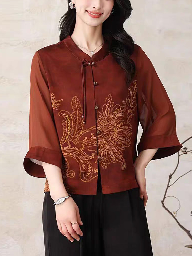 法薇姿国风设计感印花衬衫·红棕色