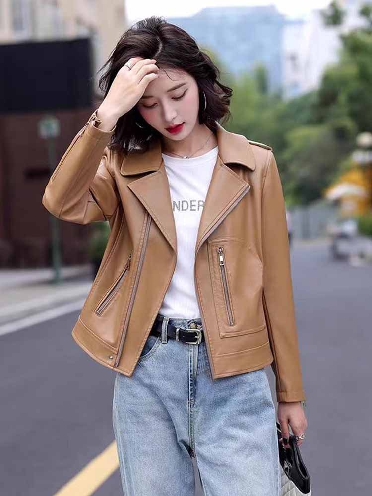 真皮绵羊皮时尚机车款夹克短款皮衣·黄色