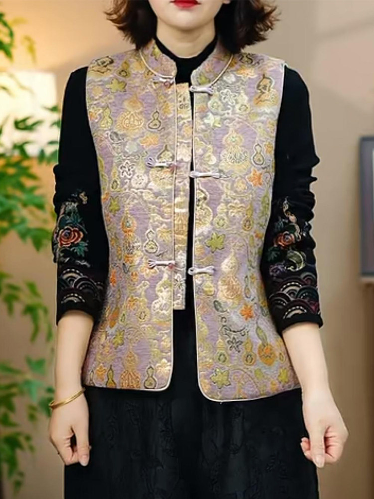 【爆款热卖】新中式国风盘扣夹棉保暖气质提花马甲·紫色