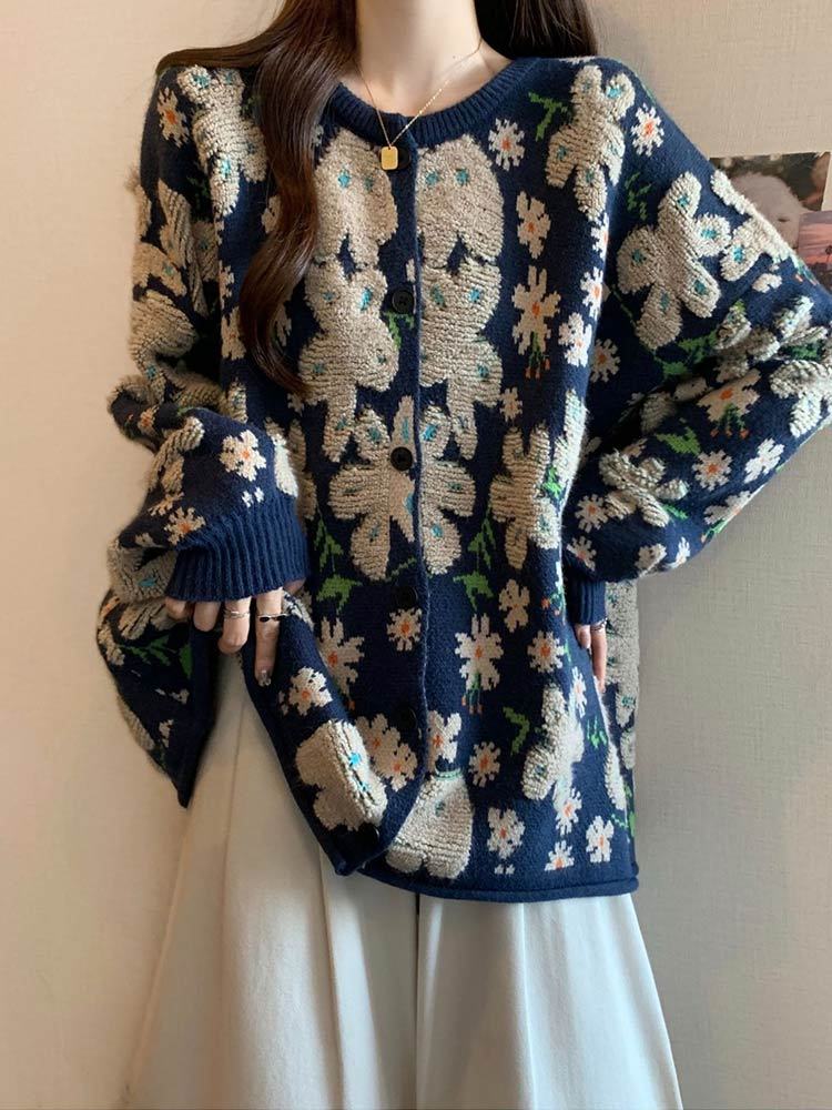 婵阅专柜高货大码开衫长袖花朵宽松款毛衣针织衫·2358-蓝色