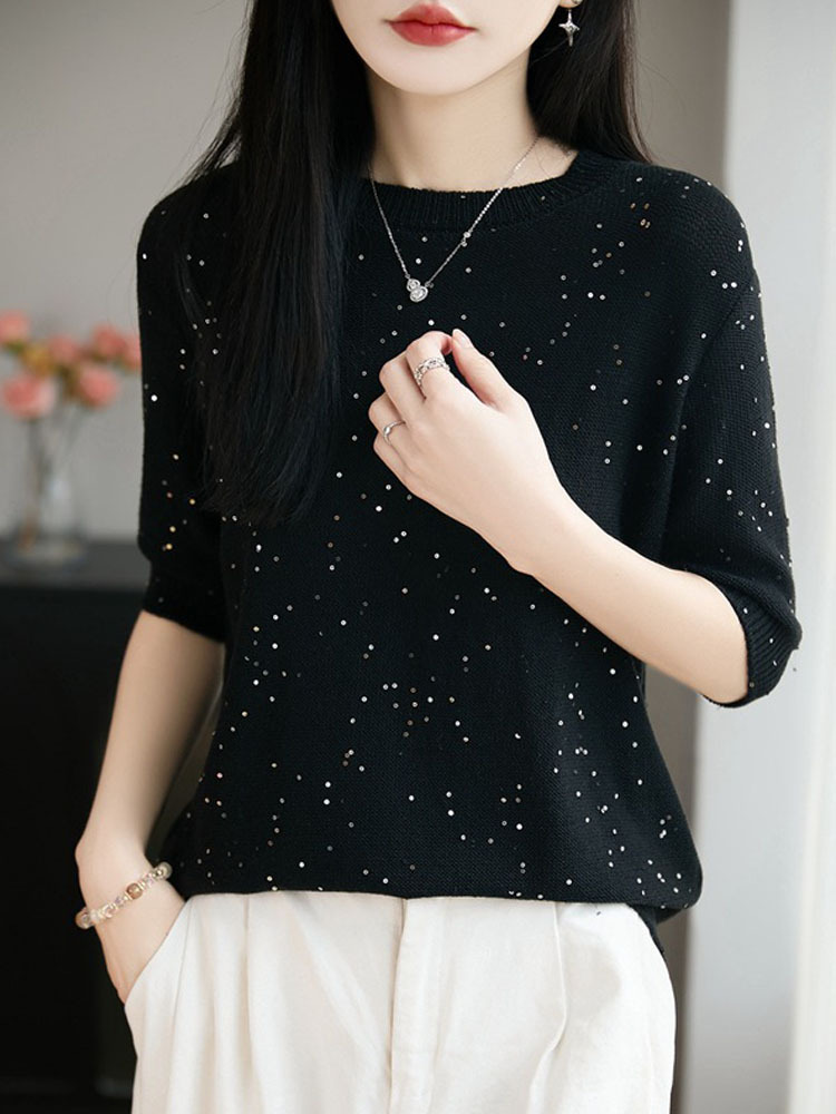 雀说 法式优雅风重工亮片针织短袖T恤NSY-501-36·经典黑