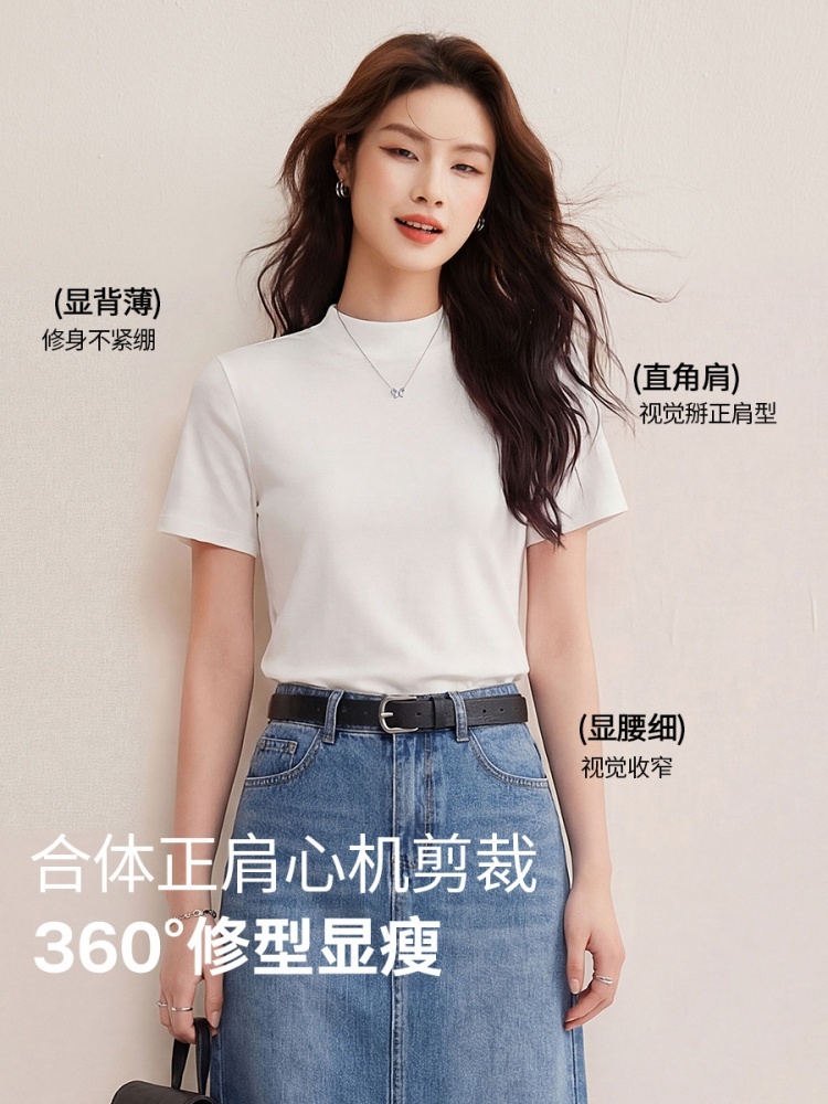 修娴小立领慕斯竹节棉肌理感短袖T恤W57·龙葵紫