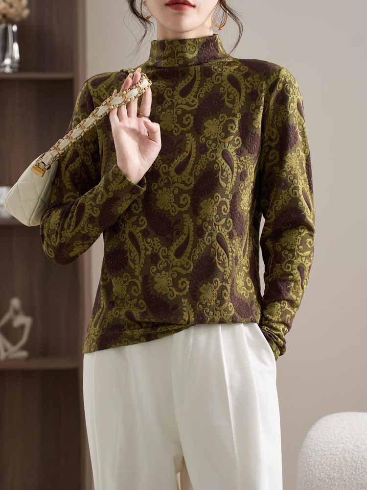 百搭复古半高领双色提花打底衫·黄色