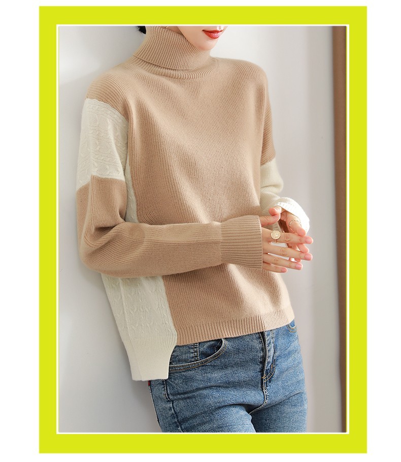 凁侈纯羊毛拼色高领针织羊毛衫b79007石坂绿加白