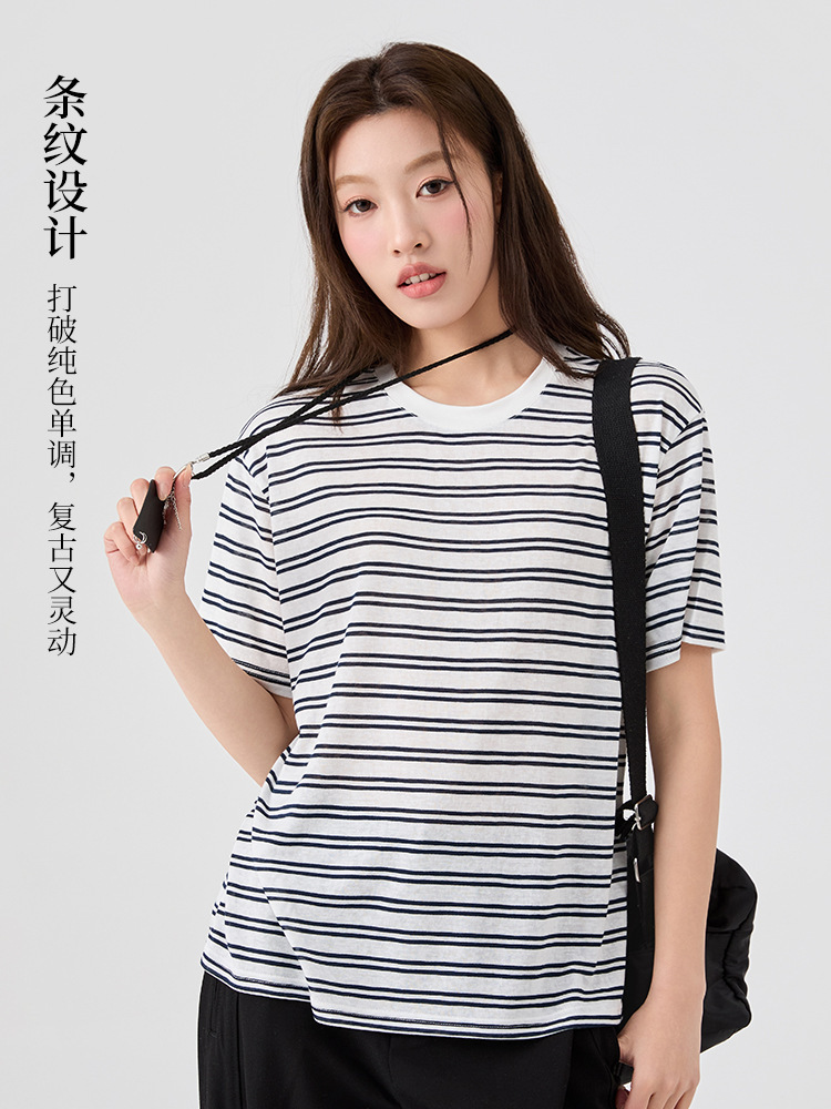天丝莱赛尔轻氧条纹圆领T恤2622#·粉白条短袖