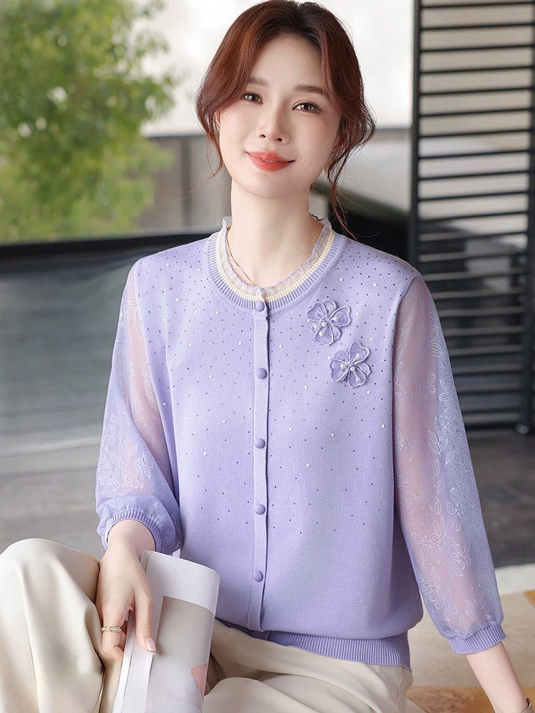 春夏雪纺网纱袖针织开衫9610#·豆沙粉