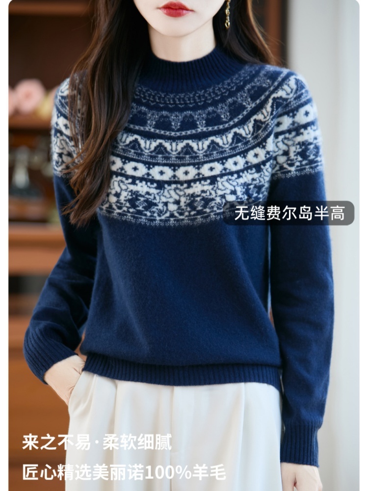 【100羊毛】特舒半高领重工提花毛衣TS-134·驼色