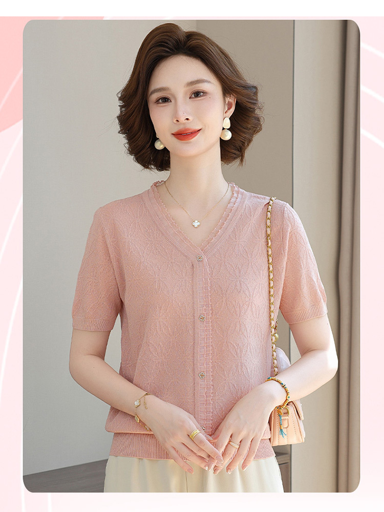 欧奈丝 女士V领大码提花短袖冰麻衫6158926·肉粉色