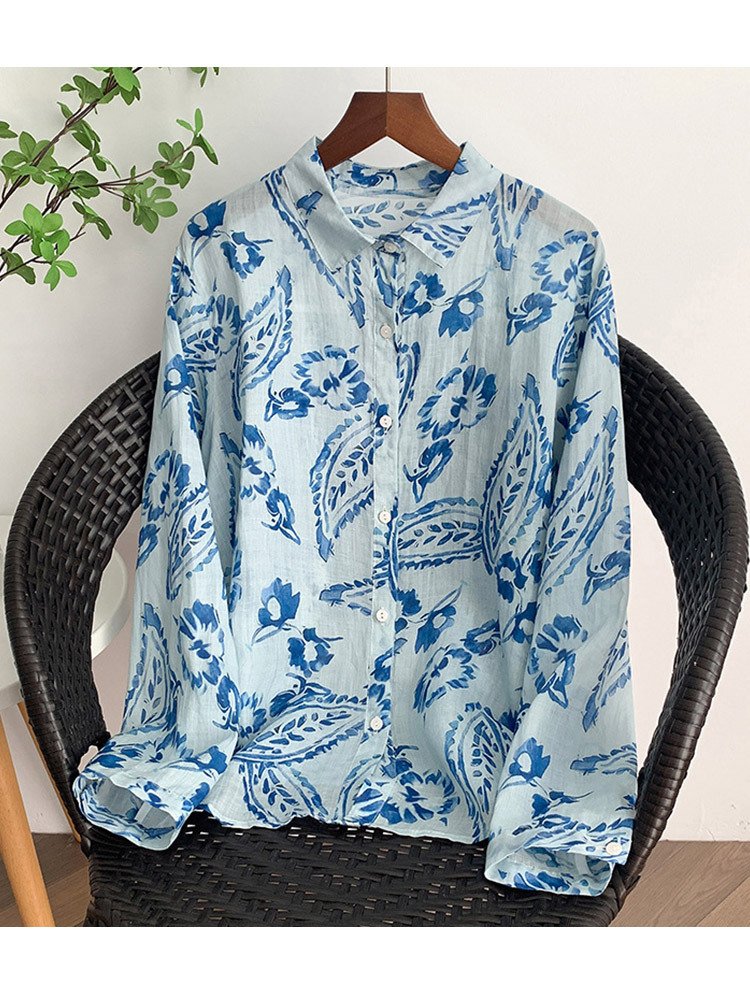 纯棉时尚印花文艺宽松显瘦百搭防晒长袖衬衫·绿底波点