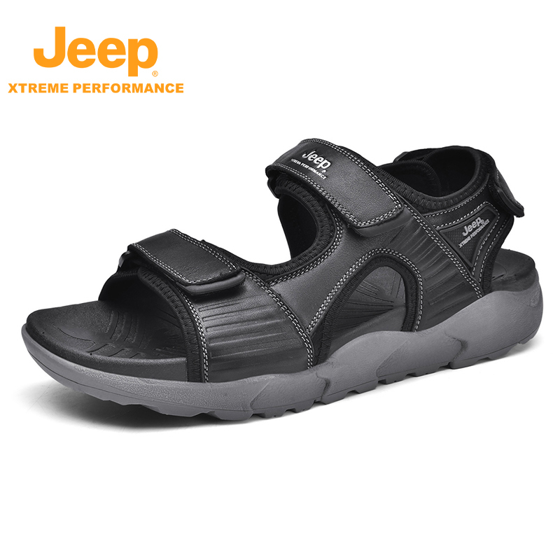 jeep凉鞋男夏季真皮透气魔术贴沙滩鞋运动轻便P321291502·黑色
