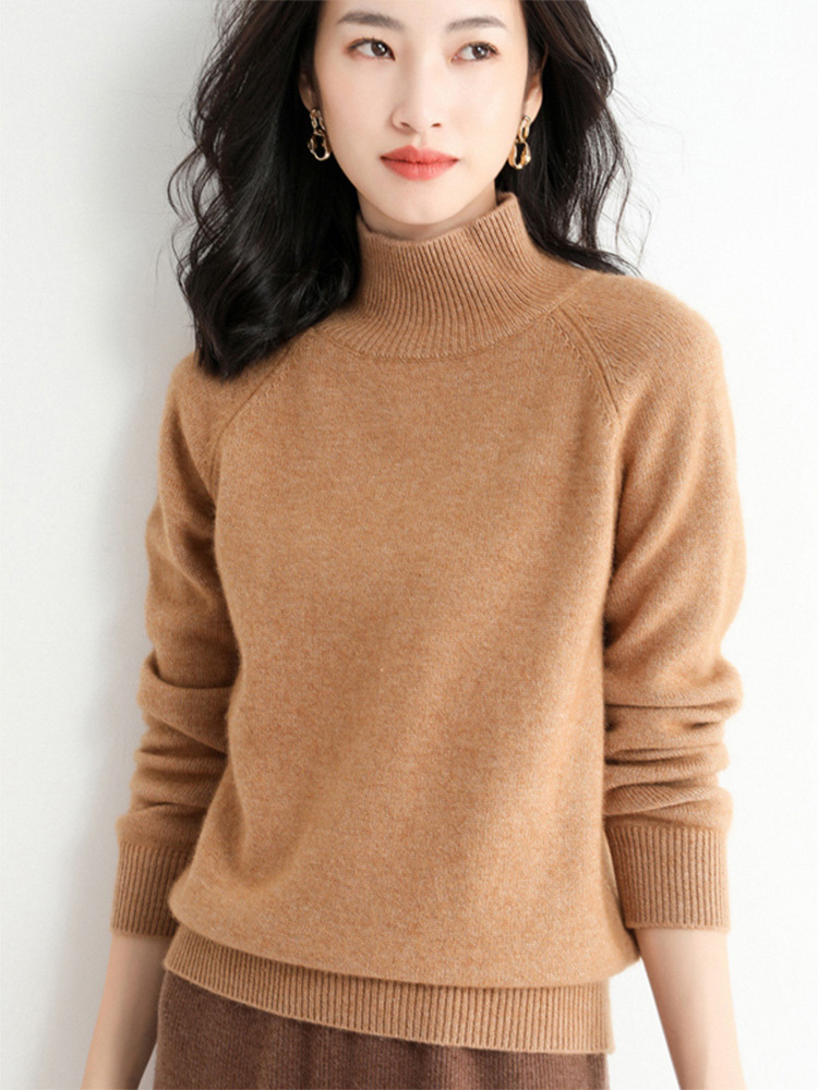 丁摩羊毛混纺新短款女士韩版高领套头宽松纯色针织打底衫毛衣ALQT4-093 H·米色