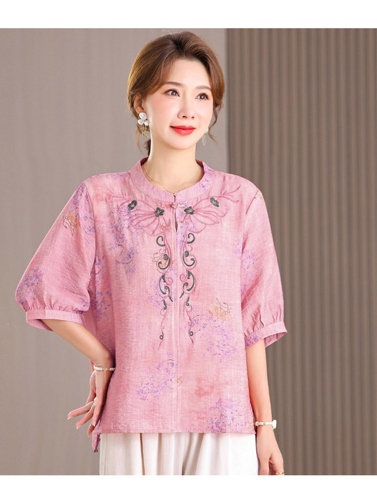 棉麻刺绣宽松大码气质显瘦中袖上衣·黄色