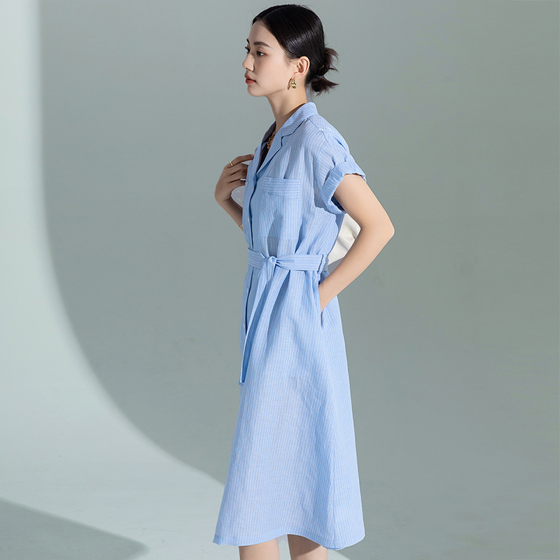 2023新款亚麻条纹连衣裙-65059·蓝色