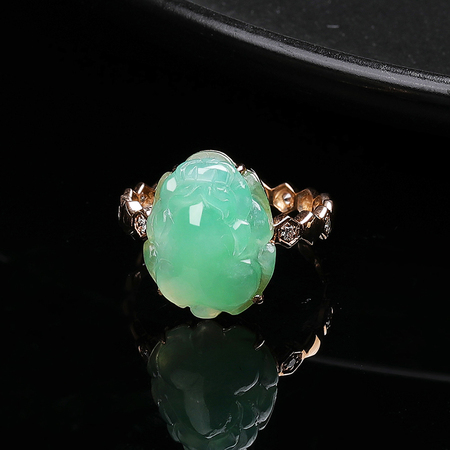 翡丽翠18k金镶阳绿天然a货翡翠貔貅戒指(11#)