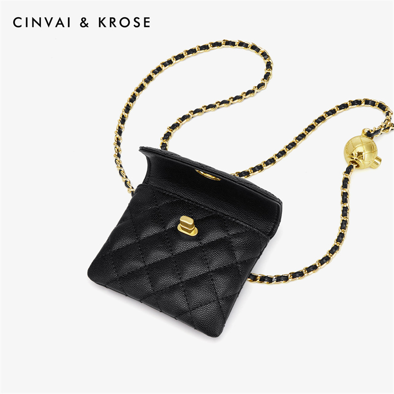 CinvaiKrose 迷你包包潮耳机包牛皮链条斜挎包女腰包女包B6280·黑色