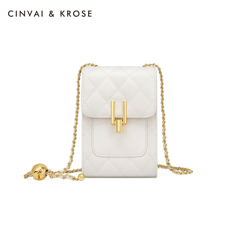 CinvaiKrose 手机包女牛皮包包新款感斜挎包时尚女包B6287·米白色