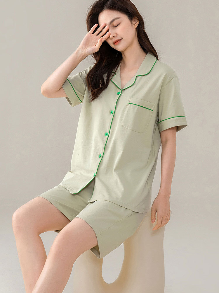 【2件套装】95新疆棉短袖短裤睡衣家居服套装C2024#·牛油果绿