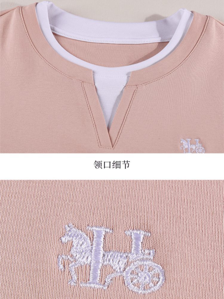【92精梳棉】轩凌子假两件小V领刺绣短袖T恤XS82620059·藕粉色