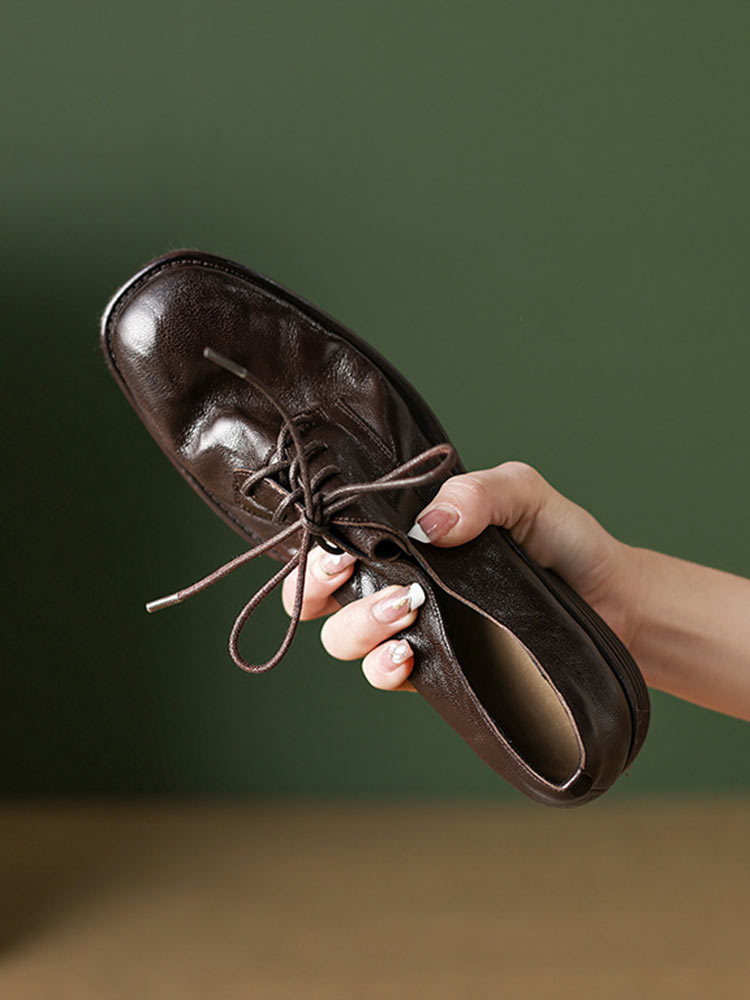 布休依-泓凯-头层牛皮系带复古低帮鞋粗跟方头小皮鞋·黑色