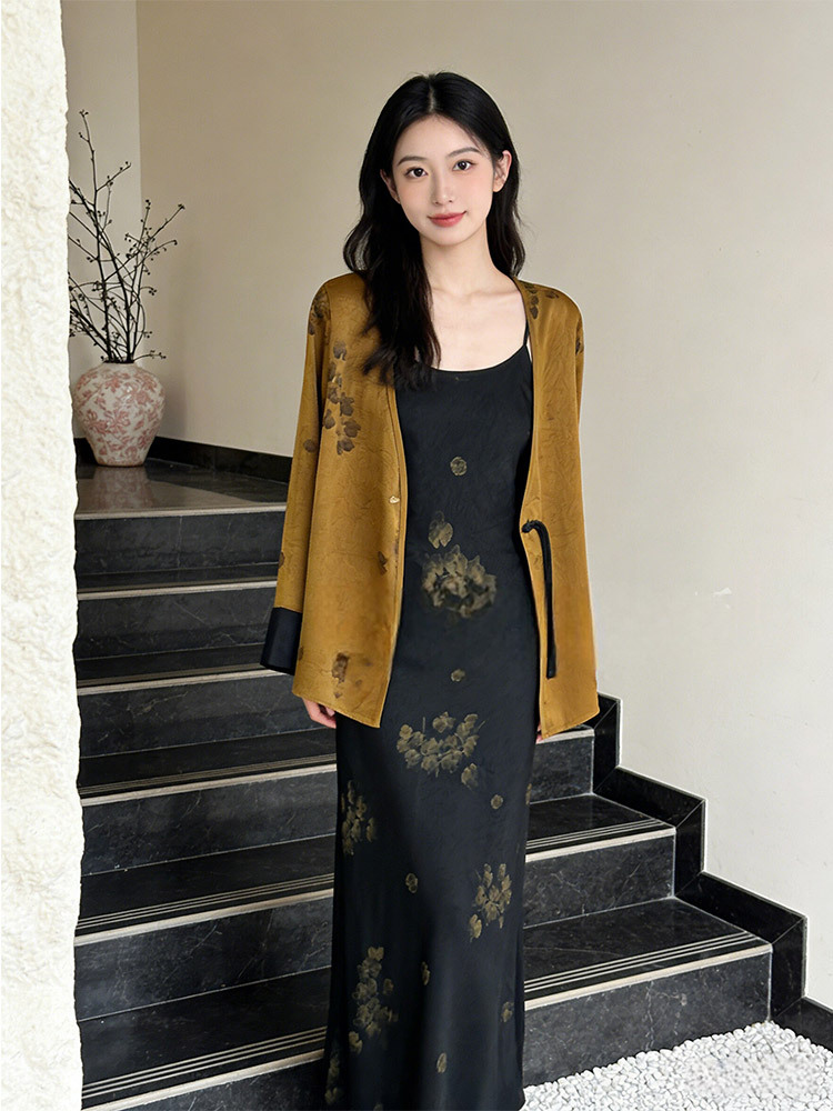 【超值2件套】新中式国风醋酸缎面烫金繁花开衫长裙组·金色上衣+黑色裙子