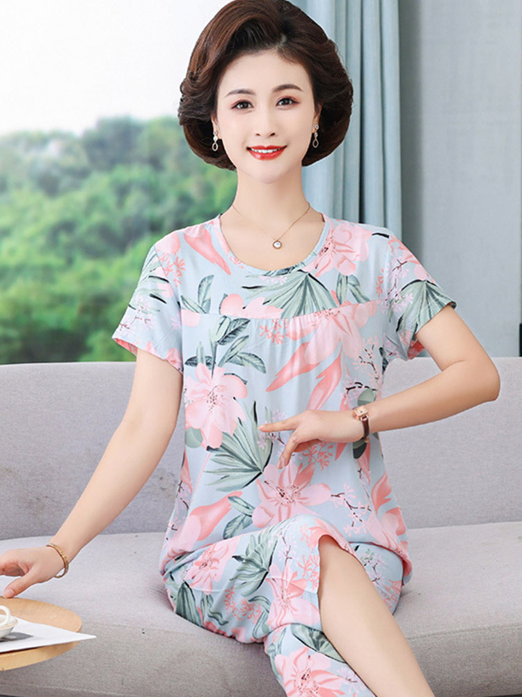 【短袖+七分裤】40支高密绵绸宽松印花套装·如梦花开
