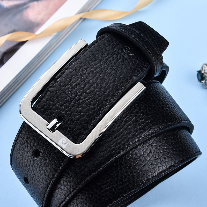 皮尔卡丹男士经典时尚商务百搭针扣牛皮腰带黑色