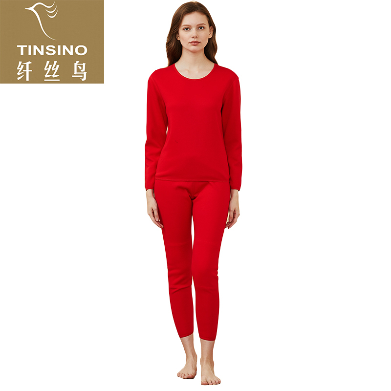 纤丝鸟热暖超柔系列女士圆领护膝套装2套组·中国红