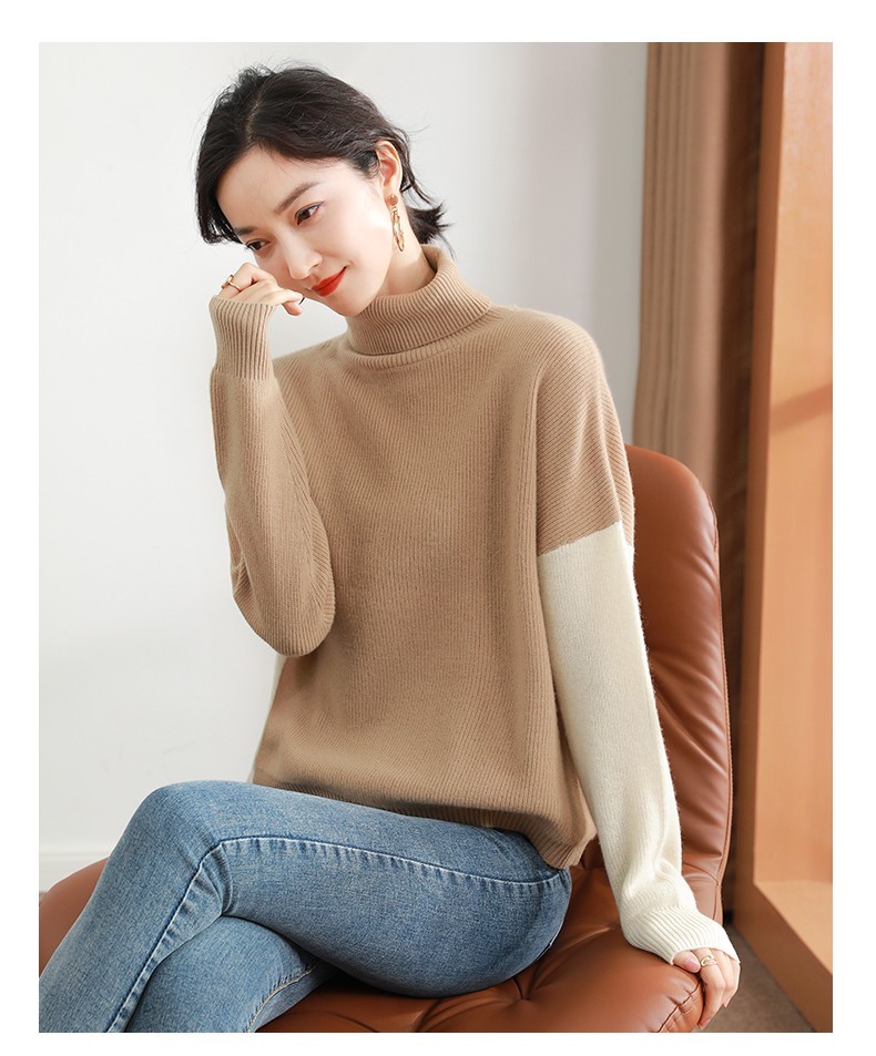 凁侈纯羊毛拼色高领针织羊毛衫b79007石坂绿加白