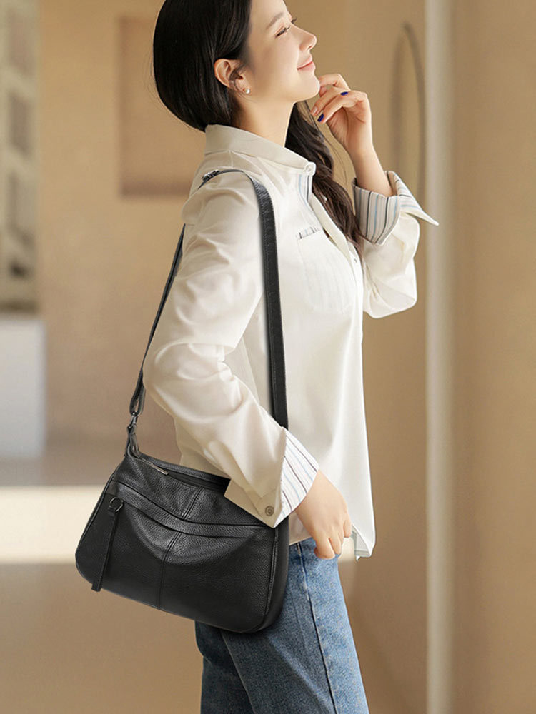 头层牛皮软真皮简约单肩包斜挎包7350#·米白色