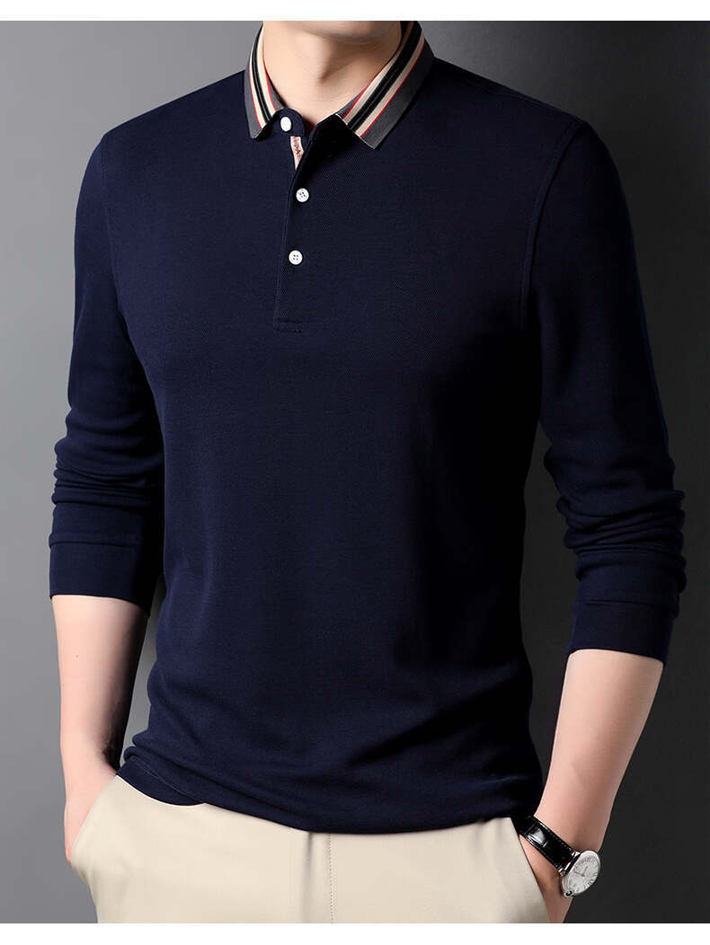 富铤100棉21秋季新款休闲彩色条纹翻领男士长袖t恤55158藏青色