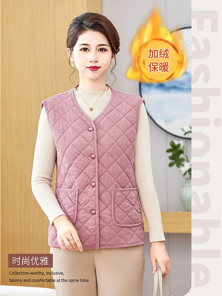 时尚格纹提花开扣加绒加厚保暖马甲·酒红色