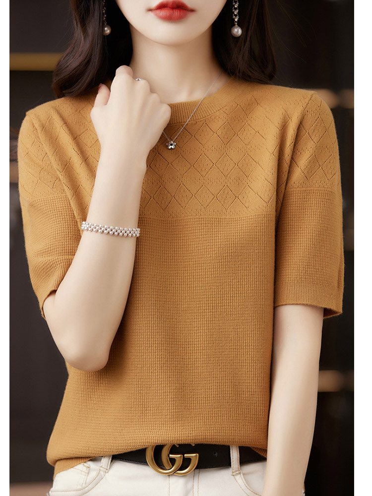 【新款特价】羊毛镂空设计感菱格气质百搭五分袖上衣·果绿色